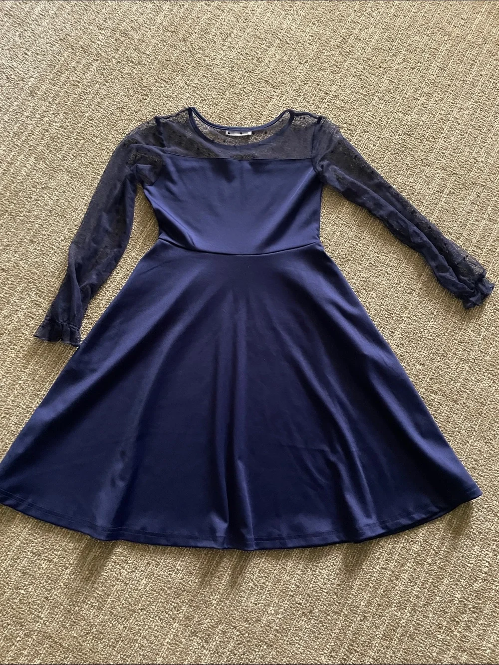 Girls Navy Mesh-Sleeve Fit-and-Flare Dress